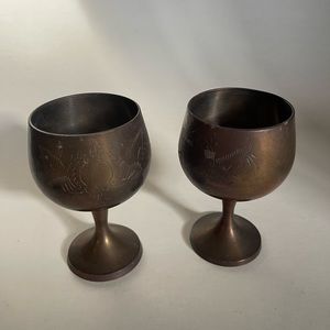 antique 5” brass etched engraved brutalist goblets pair